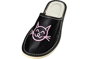 APREGGIO - Kapcie damskie skórzane - mocna gumowa podeszwa - buty do domu - haftowane kotem - ręcznie wykonane pantofle damskie