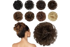 FESHFEN Moños Postizos de Cabello Humano, human hair Extensiones de Cabello Postizos Voluminosos Moño Postizo Coletero Rizado Postizo Coleta Humano Postizos de pelo para Mujer, Marròn Medio