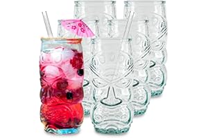 Viste-lo Verres Tiki pour cocktail. 6x verres tiki pour cocktails, sangria ou boissons froides. Design tiki. Verre recyclé. 500 ml. Gobelet long Tiki. Verres Bacardi, gobelets enfants. (TIKI 500ML)