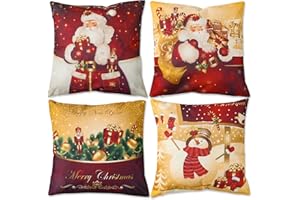 FENGRISE Christmas Cushion Covers Set of 4,Red Gold Christmas Pillow Cases 18x18 Inch,Santa Snowman Pillow Covers, Xmas Linen Throw Pillow Cases for Christma Decorations Winter Home Sofa Xmas Decorations