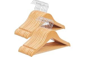 SONGMICS Cintre Enfant en Bois, Lot de 20, avec Barre de Suspension, Encoches, Crochet Rotatif à à 360°, Longueur 35 cm, Couleur Naturelle + Argent CRW006-20, Naturel