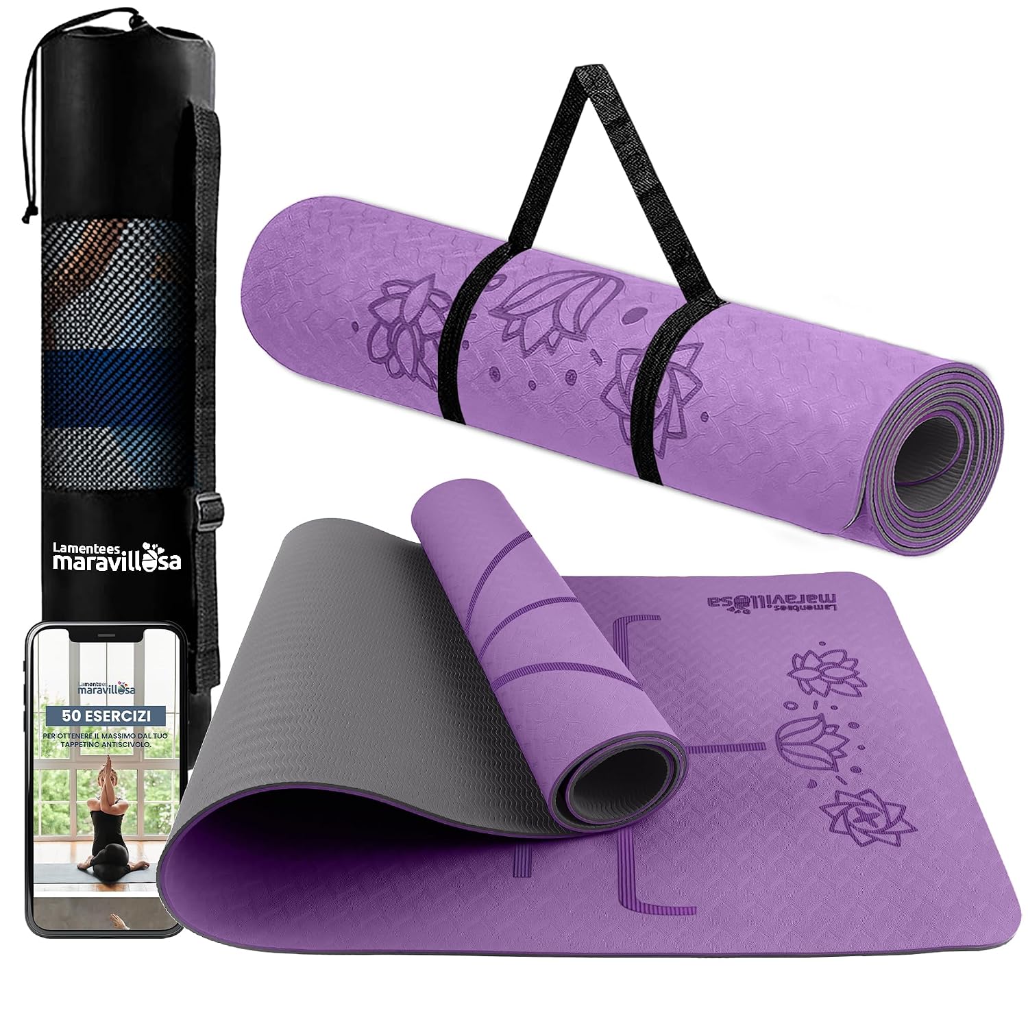 LA MENTE ES MARAVILLOSA - Tappetino Yoga e Pilates TPE, 183x61 cm | Spessore 6 mm, Antiscivolo per Fitness e Palestra in Casa, con E-Book, Custodia e Tracolla