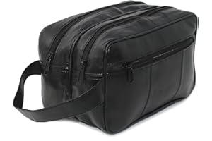 RAS WALLETS Mens Large Genuine Leather Travel Overnight Wash Gym Toiletry Shaving Bag 3520 Black