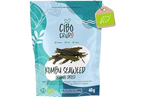 CIBO CRUDO CRUDO BIOLOGICO VEGAN Kombu Seaweed Dried Organic Sheets - 40g. Called also Dried Kelp Seaweed Laminaria. For Dashi Soups Salad Legumes or Sushi.