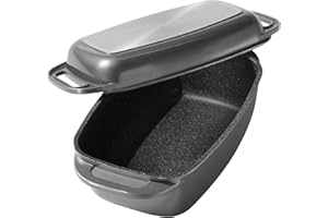 STONELINE Cocotte Rectangulaire 40x22 cm, en Fonte d’Aluminium, avec Couvercle à Induction, Revêtement Antiadhésif avec de vraies particules de pierre, Compatible à l'Induction et au four, Gris
