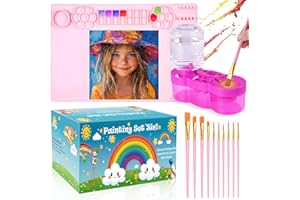 DARKWISH All-in-One Painting Station for Kids – 15.7"x23.6" Silicone Painting Mat with Paint Brush Cleaner Tool and 10 Brushes, Ideal for Acrylic Painting and DIY Crafts（Pink）