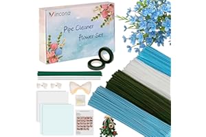 Vincona 400 Stück Pfeifenreiniger Blumen Set, Pfeifenputzer Blumen Zum Basteln （4 Farben） Inklusive 20 Blütenstiele, Band, Staubgefäße und Straußverpackung für Blumenstrauß DIY Blau