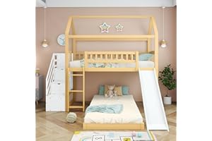 ‎FEZTOY FEZTOY Kinder Bett mit Rutsche, Hausbett 90x200, Etagenbett für 2 Kinder, Hochbett mit Treppe Stauraum und 2 Lattenrost, Kinderbetten, Spielbett, Jugendbett, ohne matratze (Natur+Weiß-Schließfächer)