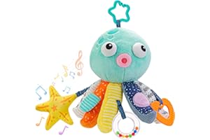 PROACC Sirecal Baby Plush Musical Toy, Clip on Pram and Pushchair Newborn Toy, Soft Octopus Hanging Rattle Sensory Toy with Mirror & Teether, for Babies Boys Girls 0 6 9 Months Gifts