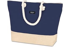 LARKSON Sac de plage Fourre-tout de Voyage pour Femmes & Hommes Conçu de Toile de Coton & Jute – Sac de Sport avec Larges Cordelettes - Grand Sac de Transport avec Fermeture Éclair