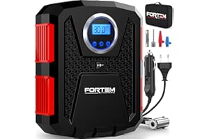 FORTEM Inflador de Ruedas de Coche, Compresor de Aire - Compresor de Aire Portátil para Ruedas de 230V AC 12V DC con Luz LED - Manómetro Digital, Autobombeo, Parada Automática - Bolsa de Transporte