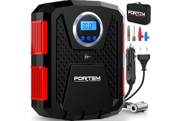 FORTEM Gonfleur 150 PSI, Pompe Air 12V DC & 230V AC, Manomètre Digital Auto Stop, Accessoire Pneus Voiture & Vélo, LED, Rangement Transport