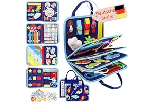 Esjay Busy Board Deutsch Montessori Spielzeug Kleinkinder, Activity Book Motorikspielzeug, Geschenk Junge Mädchen ab 3 Jahre, Lernspielzeug Motorikbrett Reise Auto Flugzeug, Deutsch Blau