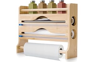 JUPPLIES Portarrollos de Cocina de Bambú 3 en 1 con Cortadores – Dispensador de Pared para Papel de Cocina, Aluminio y Film Transparente – Organizador Natural, Funcional y Estético