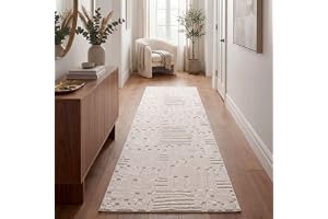TT Home Shaggy Matta Hög Stapel För Sovrum Abstrakt Skandi Ethno Tvättbar Geometrisk, Grädde 6, 80x300 cm