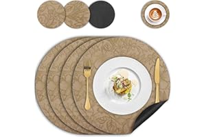 IAGORYUE Placemats and Coaster Sets 4, Dual Sided Two-Color Leather Place Mats 34cm, Washable Non-slip Heat Resistant,Wipeable Round Floral Kitchen Table Mats for Home Indoor Outdoor Dining Table(Beige Black)