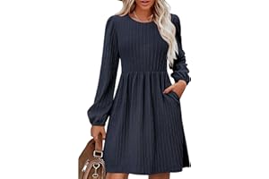 Zeagoo Vestido de mujer de manga larga, vestido de otoño, elegante, línea A, vestido de invierno, cuello redondo, vestido suelto, largo hasta la rodilla, túnica con bolsillos