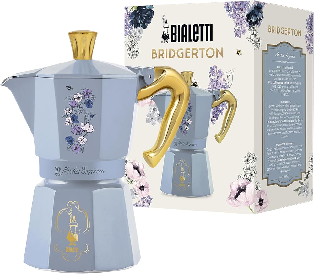 Bialetti - Moka Express Bridgerton: 6 Cups Ocak Üstü Espresso Pişirici - 270ml - Mavi Renk - Alüminyum Gövde - Patentli Güvenlik Valfi - Tüm Ocak Türleri İçin Uygundur (İndüksiyon Hariç)