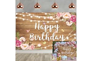 RUYI Toile de Fond en Bois Floral Joyeux Anniversaire 7x5FT, Planche de Bois Scintillant Marron Fleur Papillon Fille Femmes Anniversaire Photographie Fond, Baby Shower fête gâteau Table décoration