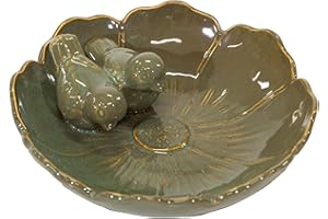 colourliving Keramik Vogeltränke „Royal“, rund, glasiert, mit Deko-Vögeln, Stilvolle Wasserschale für den Garten – dekorativ, wetterfest & liebevoll verarbeitet (Olive-23)