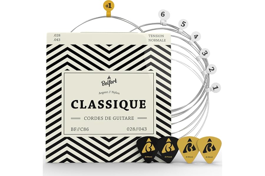 Belfort Cordes de Guitare haute Cordes pour Guitare Classique et guitare de concert pour I Kit de 6 cordes I silberumwobene C