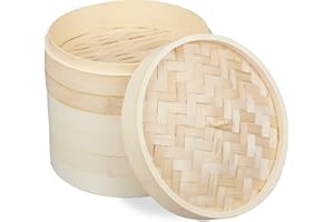 Relaxdays cuiseur vapeur bambou, panier asiatique avec 3 étages, pour Dim Sum, riz, bamboo steamer, Ø 24 cm, nature