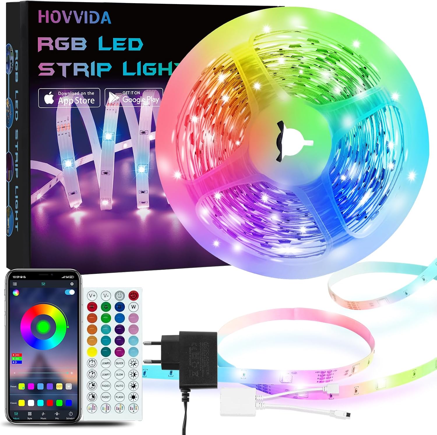 HOVVIDA Tira LED 5M, 30 LED/Metro, 1x5M, 24V RGB Luces LED, 150 LED, APP y Mando a distancia, Modo de Música, LED para Habitación, Sala, Cocina, Dormitorio, Bar, Fiesta