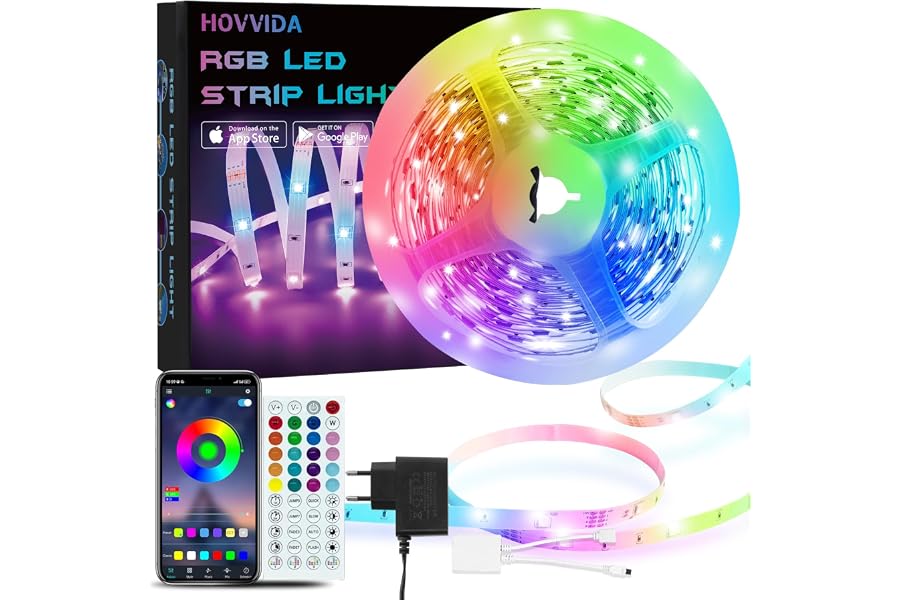 HOVVIDA LED Strip 5m, 30 LEDs/Meter, 1x5m, 150 LED, RGB LED Streifen, APP und Fernbedienung, Musikmodus, Timing-Modus, LED für Zimmer, Wohnzimmer, Küche, Schlafzimmer, Bar, Party