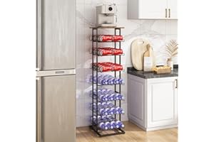 GILLAS 3 5 6 7 8 Tier Water Bottle Storage with Wooden Tabletop,Metal Beverage Can Rack,Large Capacity Bottled Rack Water Bottle Holder Stand for Cabinet,Countertop Kitchen,Party,Black