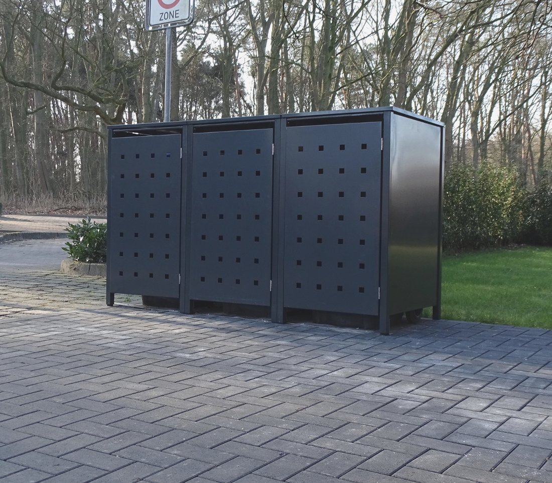 3 Mülltonnenboxen Modell No.2 für 240 Liter Mülltonnen / komplett Anthrazit RAL 7016 / witterungsbeständig durch Pulverbeschichtung / mit Klappdeckel und Fronttür
