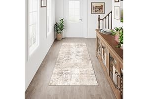 HUGEAR Washable Hallway Runner Rug 60x180cm Beige Grey Non Slip Abstract Natural Neutral Modern Long Carpet Runners Kitchen Bedroom Lounge Bedside Low Pile Carpets