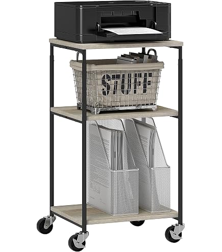 Support Imprimante Roulant Hovothy - Meuble Bureau 60x50x67cm Gris Béton - 4 Roulettes Dont 2 Freinées