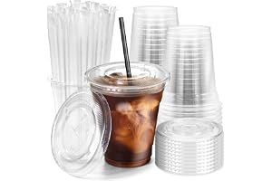 Fit Meal Prep 100 Pack 12 oz Plastic Iced Coffee Cups with Flat Lids and Straws, Disposable Clear Cup, BPA Free Cup for Party, Smoothie, Cold Drinks, Juice, Milkshake, Bubble Boba, Tea