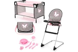 BAYER DESIGN Bayer 9-in-1 Baby Doll Accessories Set - Travel Cot, Dolls High Chair, Changing Bag, Dummy & Doll Feeding Set - Toy Baby Accessories for 46cm Dolls - Role Play Toddler, 3+ Year Old Toys, Girls, Boys