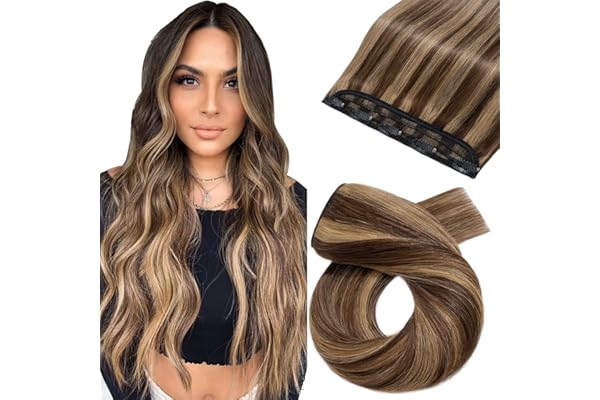 20cm - Extensiones de Clip de Cabello Natural [1 Piezas 5 Clips] #4P27 Marrón Medio & Rubio Oscuro Pelo Humano 100% Remy Human Hair Lisas Postizos Pelucas para Mujer-40g