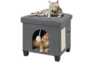 BRIAN & DANY Casa Gato, Cueva para Gatos de Interior, Cama Plegable para Gatos con Tabla Rascador y Pelota de Juego, Taburete con Patas de Madera, 37,5 x 32,5 x 36 cm, Gris