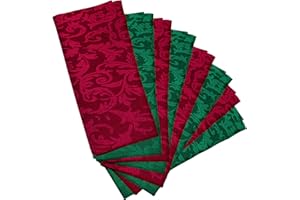 Trimming Shop Red & Green Damask Cloth Napkins (8 Pack) – 20 x 20 Inch 100% Polyester Dinner Napkins with Elegant Scrolled Floral Pattern for Christmas, Weddings, Parties, Home – Reusable & Washable