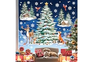 ‎DECALMILE decalmile Fensterbilder Weihnachtsbaum Fensteraufkleber Baum Weihnachten Schneeflocken Fenster Abziehbilder Waldtiere Hirsch Fuchs Anti-Kollision Fenstersticker Glas Fensterdeko Aufkleber Winter