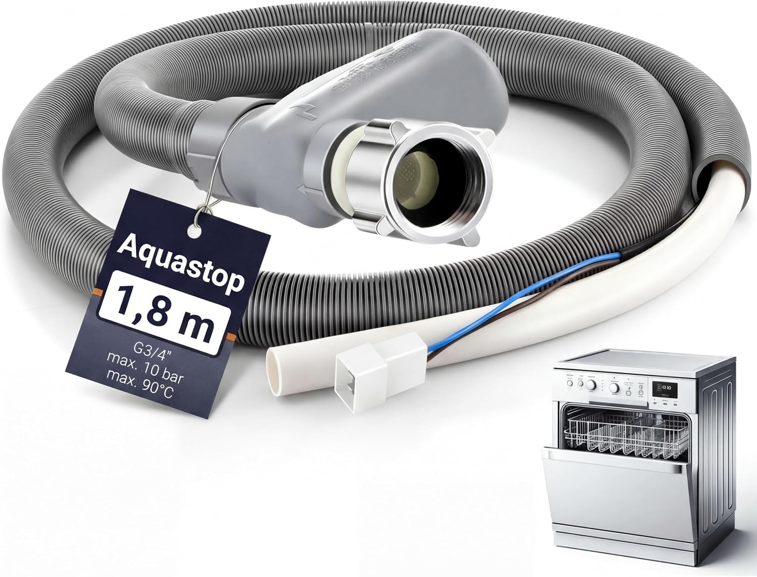 Enhon Manguera de entrada Aquastop para lavavajillas, 1,8 m, con protección contra fugas, compatible con Bosch, Siemens, Neff, Miele, Electrolux, Reemplazo para 00668113/668113