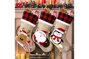 LOMOHOO Juego de 3 medias de Navidad personalizadas de 18 pulgadas, grandes bordadas, con Papá Noel, pingüino, reno, calcetines de Navidad 3D para chimenea, vacaciones, decoración de fiesta de Navidad