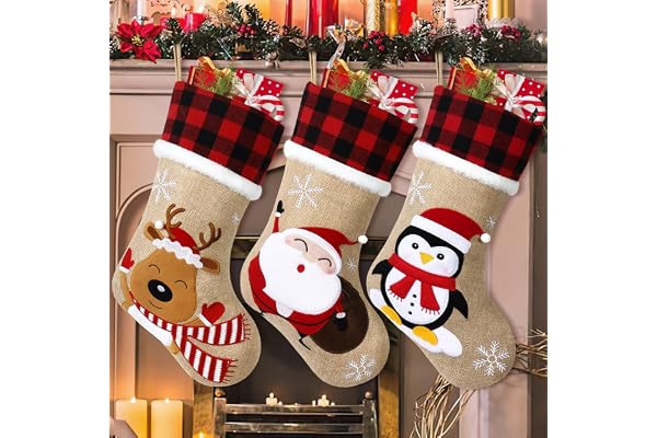 LOMOHOO Julstrumpor set med 3 45 cm stora broderade julstrumpor med jultomten, pingvin, ren 3D julstrumpor för öppen spis högtid julfest dekorationer