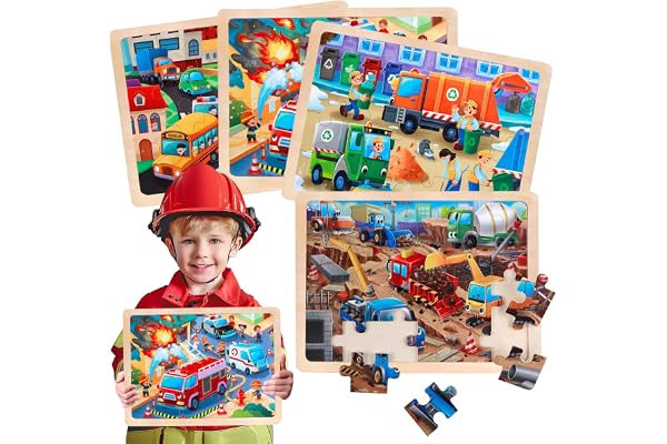 Puzzles en Bois Enfant 3 4 5 Ans, Lot de 4x24 Pièces Jouet Puzzle Jeux,Véhicules de Construction Camions Pompiers Transport Urbain Jeux Montessori Éducatif Jigsaw Puzzle Jouet pour Garçons Filles