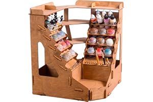 Plydolex Wooden Corner Paint Organizer for 32 Bottles of Paints & 46 Paint Brushes - Paint Rack Organizer w/ 6 Miniature Stands & Scene for Photo-Shooting - Intended for Miniature Paint Set, Brown