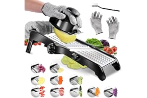 Masthome Mandoline Professionnelle Multifonction pour La Cuisine, La Nourriture, Les LéGumes, Les Juliennes, Les Fruits, du Papier Fin à 9 Mm, Avec Gants De SéCurité et Brosse de Nettoyage