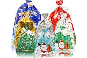 OBOVO Christmas Drawstring Gift Bags - 15Pcs With 8 Styles, 4 Sizes, 16 Tags - Large Xmas Bags for Presents, Holiday Party