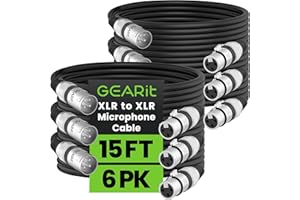 GearIT XLR Microphone Cable (15 Feet, 6-Pack) - XLR Male to Female, Balanced Shielded for Mic Mixer, Recording Studio, Podcast - Black, 15ft, 6 Pack