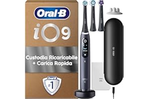 Oral-B Spazzolino Elettrico Ricaricabile iO 9 Nero, 1 Spazzolino Elettrico Oral B, 3 Testine Di Ricambio, Custodia Da Viaggio con caricatore, Pulizia Denti Efficace