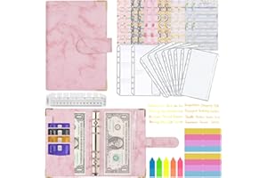 Portadocumenti in Pelle A6 PU, MARICATO 29pcs Raccoglitore ad 6 Anelli, Raccoglitore Notebook con Buste Trasparenti Rimovibile e Budget Planner, per Lavoro Budget di Contanti Organizzatore-Marmo Rosa