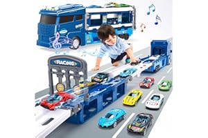 hahaland Camion Giocattolo Trasportatore - Macchinine con Pista da Corsa con 6 Mini Cars, Bisarca Truck con Luci e Suoni Regalo Bambino 3 4 5 Anni Ragazzi e Ragazze