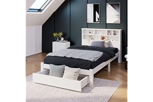 ‎FEZTOY FEZTOY Einzelbett mit Schrank, 2022 Neu jugendbett mit Bücherregal & Unterbettschublade, weiß Bett mit Regalwand, Funktionsbett, Kinderbett, Jugendbett, Bettliege (90x200CM)